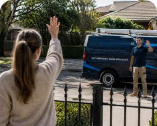 Customer waving goodbye to a plumber in Kensington